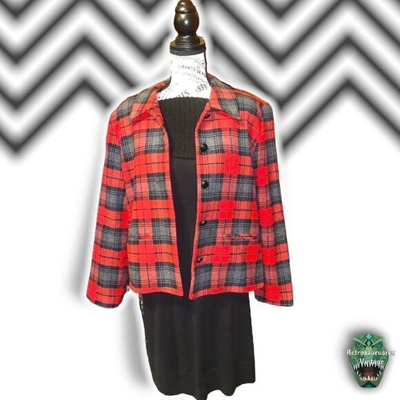 VINTAGE 1990’s Quirky Twee Tartan Plaid Wool 49er Style Blazer Jacket, Size 12P - Picture 7 of 10
